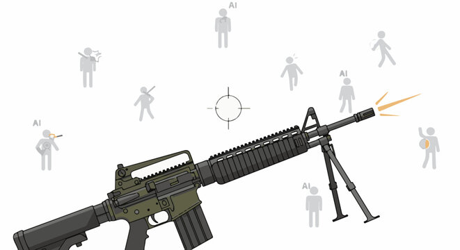 Rifle with bipod aims at targets; muzzle flashes, icons indicate AI figures