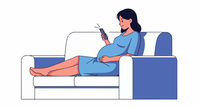 Pregnant woman relaxes on sofa, using smartphone, smiling