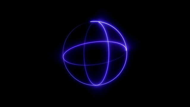Luminous purple neon sphere created from three intersecting orbital rings isolated on a dark black background, for creative digital, and futuristic concepts, in definition