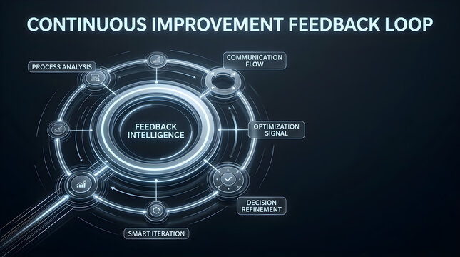 Futuristic continuous improvement feedback loop digital diagram with glowing interface&mdash;process optimization concept.