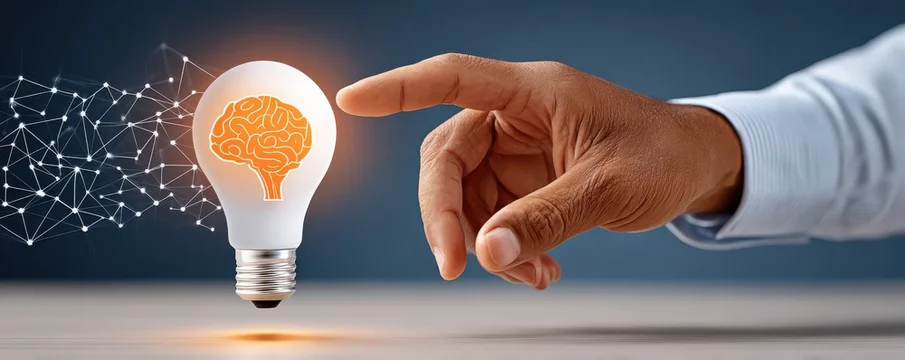 Hand Touches Glowing Lightbulb as Brains Hover, Symbolizing Creative Innovation and Bright Ideas