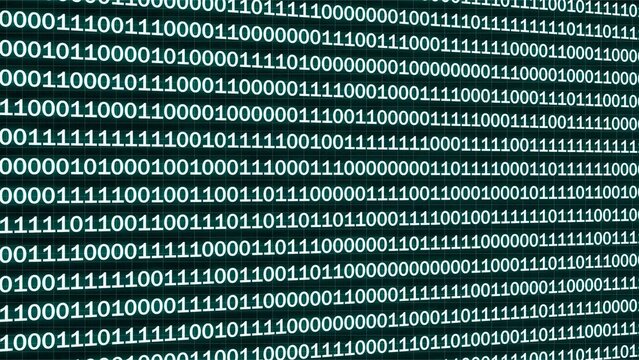 Perspective view of a digital matrix background, featuring a dense, grid of binary, code with zeros, and ones in, bright cyan color, against a dark, backdrop representing computer, data and encryption