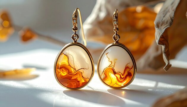 Elegant gold drop earrings featuring beautiful natural agate stones with warm orange and white marbled patterns on a soft blurred background.