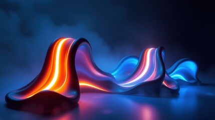 Obraz premium Abstract fluid shapes glow, vibrant colors contrast against dark background. Smooth curves suggest movement, digital rendering.
