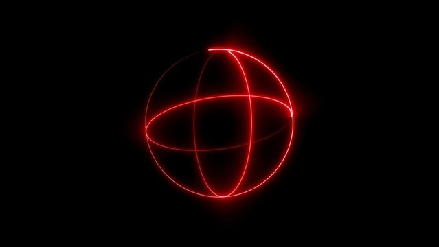 Vibrant red neon sphere formed by three intersecting orbital rings isolated on a solid black background, representing energy power, and modern abstract, for digital media projects