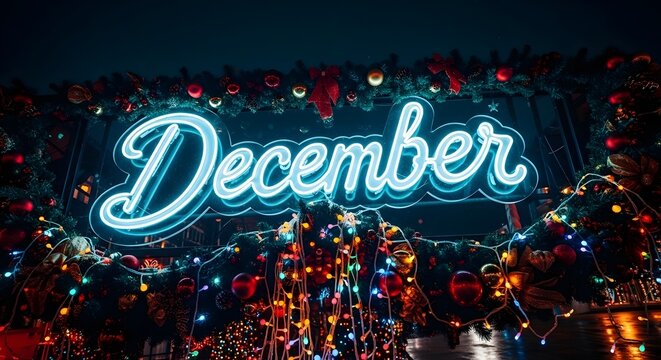 Glowing neon December sign, colorful lights, festive decorations, holiday season