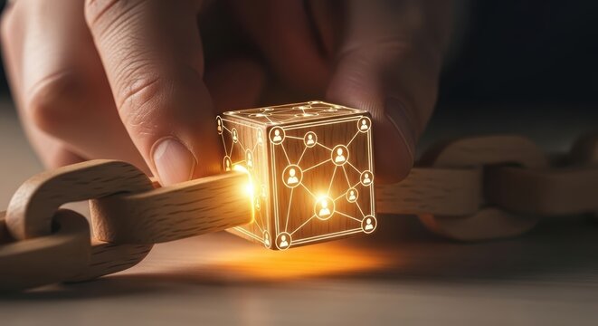 A hand places a glowing wooden block with clock and arrow on a chain link, illustrating time management concept.