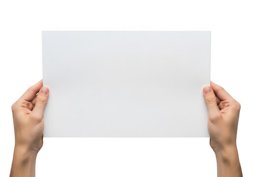 Hands holding a blank white sheet of paper isolated on transparent background