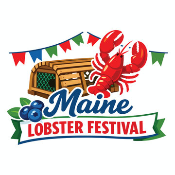 Maine Lobster Festival logo with bright red lobster, festive bunting flags, wooden trap and blueberries on ribbon banner, cheerful coastal event artwork ideal for posters, tickets and signage
