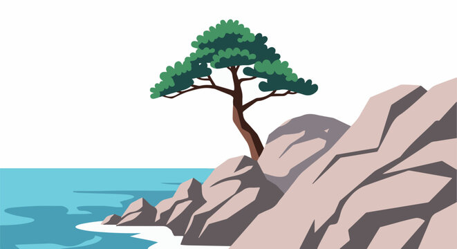 Serene coastal scene with a solitary tree perched on rocky cliffs overlooking calm blue water