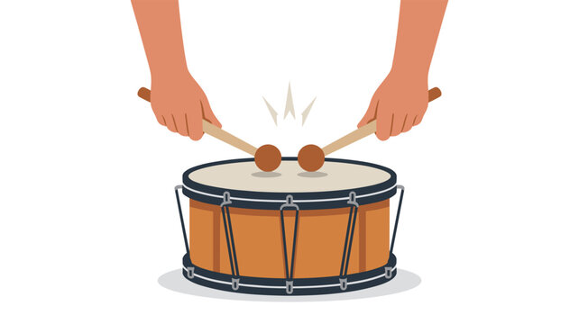 A pair of hands beats a wooden drum with two sticks creating a central impact point on the drumhead against a clean white background with subtle studio lighting.