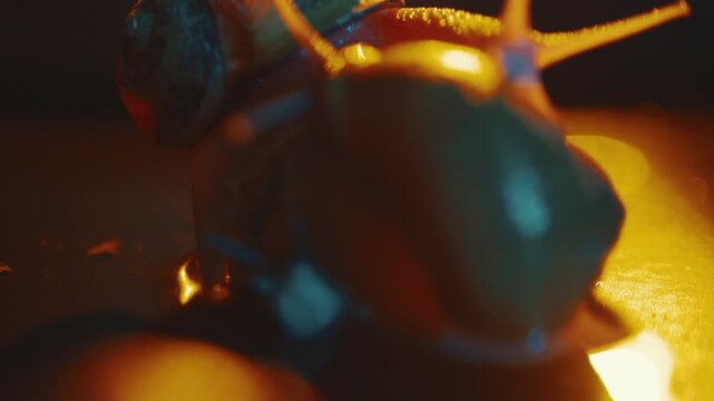 Close look at snails on a surface with warm lighting showing their movement and texture in a quiet indoor setting