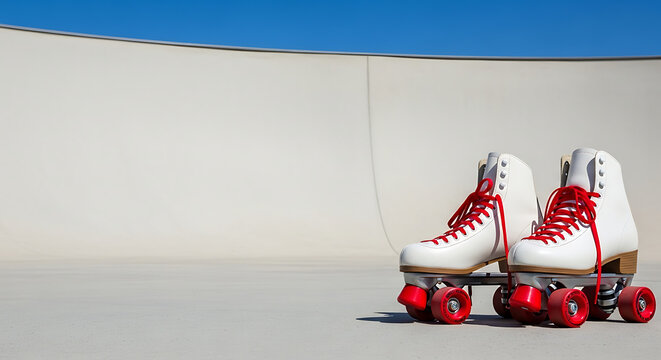 White roller skates with red wheels.