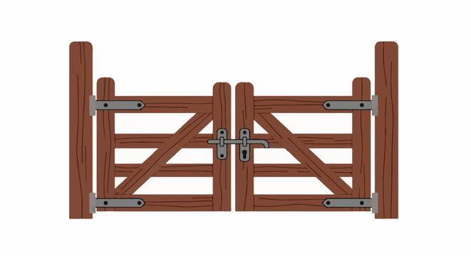 Rustic wooden farm gate with metal hardware on a white background