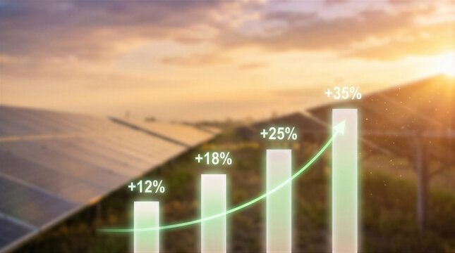 Solar energy growth concept with a bar chart showing percentage increases against a backdrop of solar panels at sunset