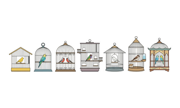 Collection of bird cages with various songbirds on white background