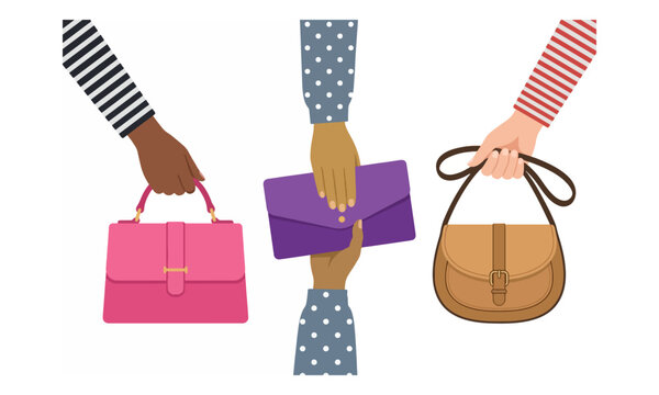 Hands Holding Fashion Bags and Purses in Diverse Skin Tones