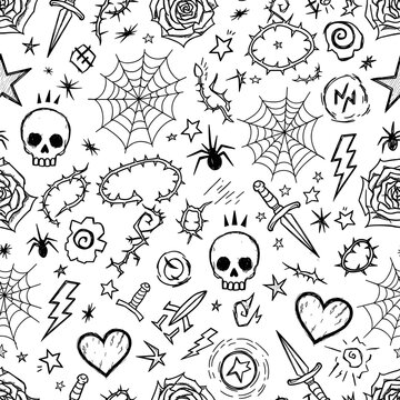 Seamless doodle pattern with skulls hearts spiders and tattoo flash elements