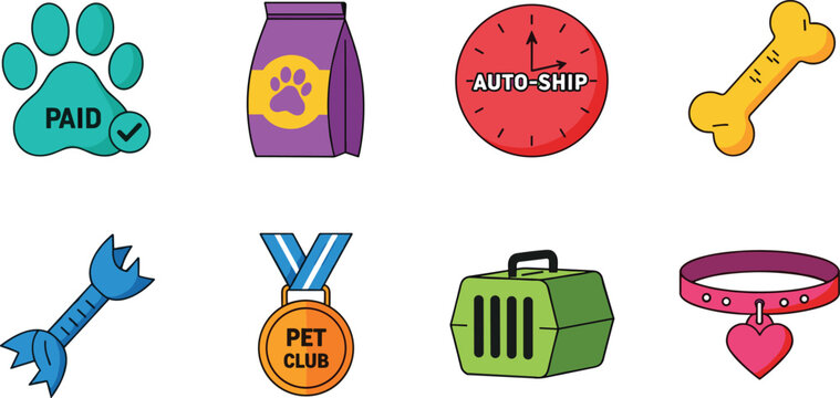 Set of Flat Cartoon Vector Illustrations Featuring Pet Paw, Food Bag, Bone, Collar, Medal, Carrier, Toy, and Auto-Ship Icons for Pet Care and Animal Graphic Designs