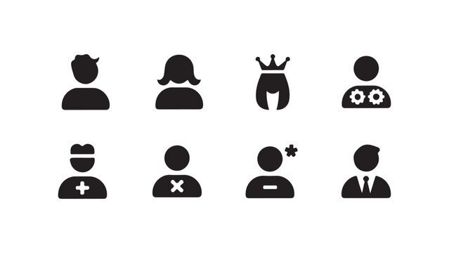 People black icon set, modern avatar profile user pictogram with add, remove, and settings.