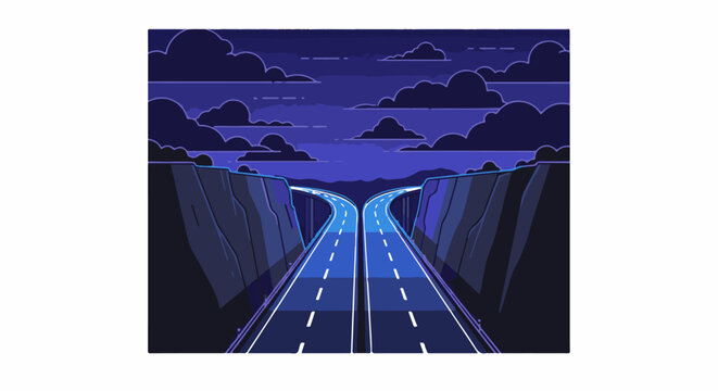 Pixelated night scene with a split road going over a chasm under clouds