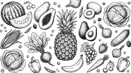 Black and White Hand Drawn Fruits and Vegetables Collection with Pineapple Watermelon Avocado and Fresh Organic Food Sketch © BadhanChandra