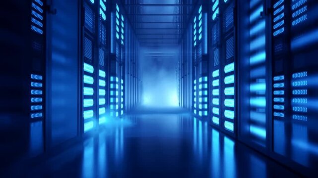 Tracking dolly forward shot of server racks moving through data center corridor with blue lights and fog