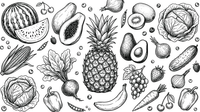 Black and White Hand Drawn Fruits and Vegetables Collection with Pineapple Watermelon Avocado and Fresh Organic Food Sketch