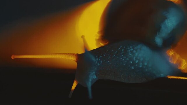Close look at a snail moving slowly on a surface with warm light in the background