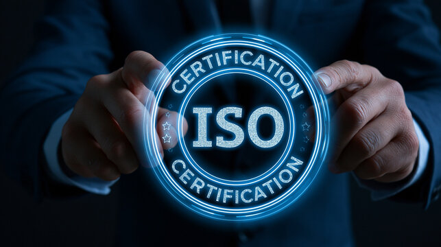 A businessman presenting an ISO certification in a professional setting with glowing blue emblem