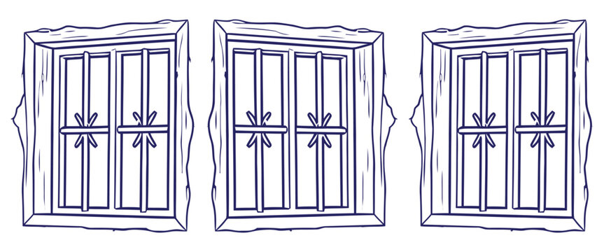 Three identical line art drawings of vintage wooden window frames with metal bars and decorative arrow designs.