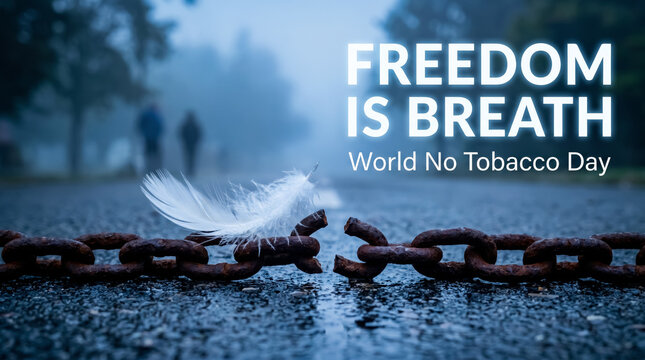 Postcard for World No Tobacco Day with broken chain and feather text Freedom is Breath.