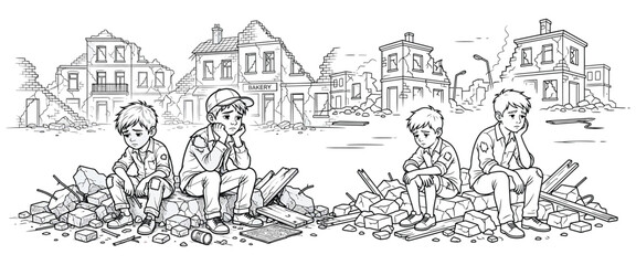 Fototapeta premium Sad children sitting amidst rubble and destroyed buildings symbolizing war aftermath and displacement.