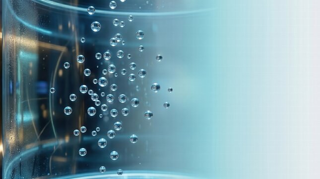 Macro photography, perfectly round water droplets floating beautifully in mid-air inside an illuminated anti-gravity wellness tank.High definition. Area for copy space