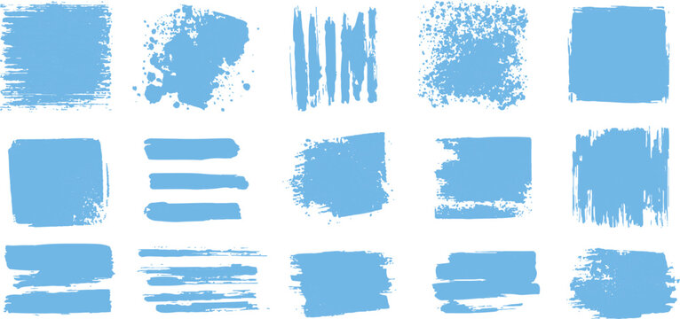 Collection of light blue paint brush strokes watercolor smears and grunge square textures vector illustration.