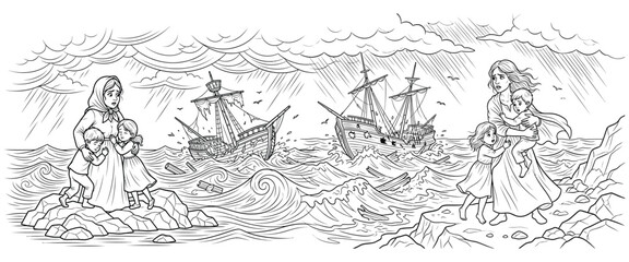 Obraz premium Dramatic black and white coloring page illustration of shipwreck in stormy ocean with worried mothers and children standing on rocky shore watching.