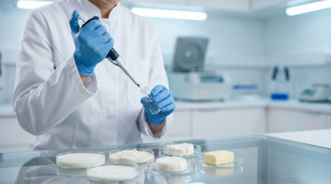 Scientist in a laboratory performing quality control analysis on various dairy products including cheese, butter, and cream samples