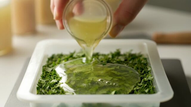Hand pouring viscous liquid over fresh green basil leaves in a container. Crafting natural cosmetic formulations.
