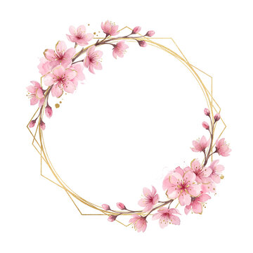 Watercolor Cherry Blossom Wreath with Gold Frame transparent background