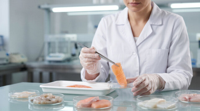 Scientist examining raw fish and seafood samples in a laboratory setting for quality control and food safety analysis