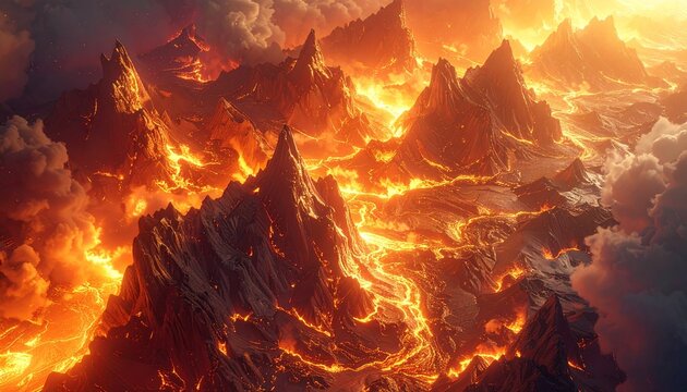 ambiente vulcanico di fantasia, visto dall'alto, fiamme che avvolgono le montagne e fiumi di lava che scorrono attraverso la roccia, illustrazione 3D