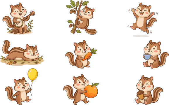 Cute Chipmunk Set Featuring Animals with Balloons, Carrots, Oranges, and Playful Poses for Fun and Adorable Illustrations