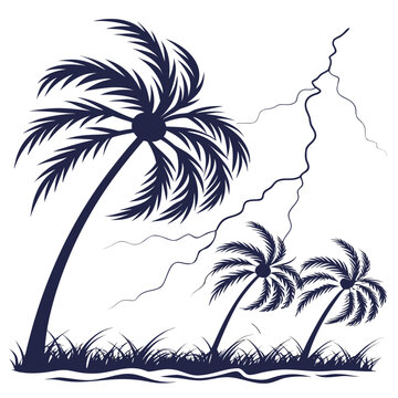 palm trees and lightning storm vector illustration on white background