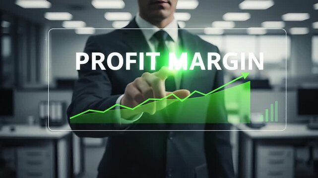 Businessman pointing at a digital screen showing profit margin growth chart