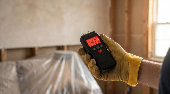 Closeup of a construction worker holding a digital moisture meter to check the humidity levels in a wall during a home renovation project
