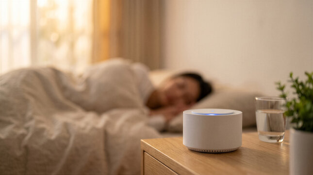 Smart home speaker on a bedside table with a sleeping person in the background