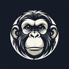 Obraz premium Illustration of a monkey's face in a circular frame with bold lines and shading on a dark background.