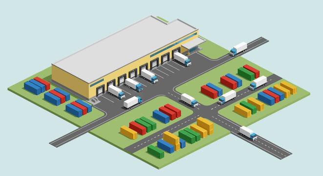 Isometric illustration of a logistics warehouse. Trucks at loading docks and containers represent efficient freight, shipping, and supply chain distribution
