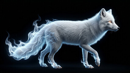 Fototapeta premium Elegant arctic fox with white fur gradually transitioning into pale blue white ethereal ghost flame tail and paw tips with glowing amber eyes on pure black background