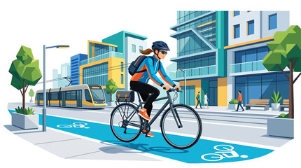 Fototapeta premium Woman cycling on a dedicated bike lane in a modern city with buildings and a tramway